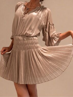 Pookie and Sebastian Aurelie Pleated Smocked Beige Mini Dress. Size XS